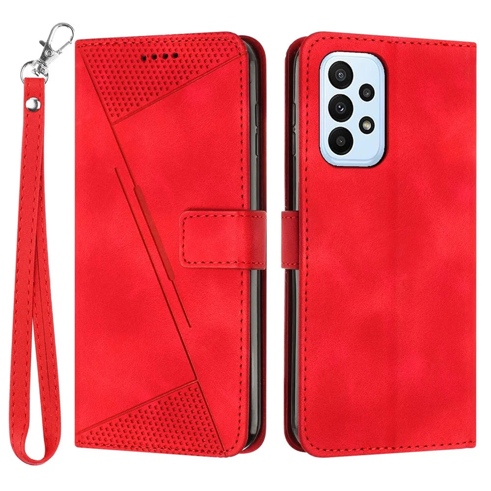 Leather Wallet Cover for Samsung Galaxy A33 5G Triangle Imprint Anti-drop Stand Phone Case with Strap - Red - 1
