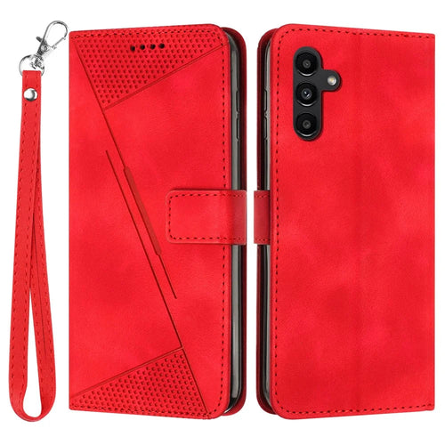 For Samsung Galaxy A54 5G Leather Wallet Folding Stand Phone Cover Triangle Imprinted Shell with Strap - Red - 1