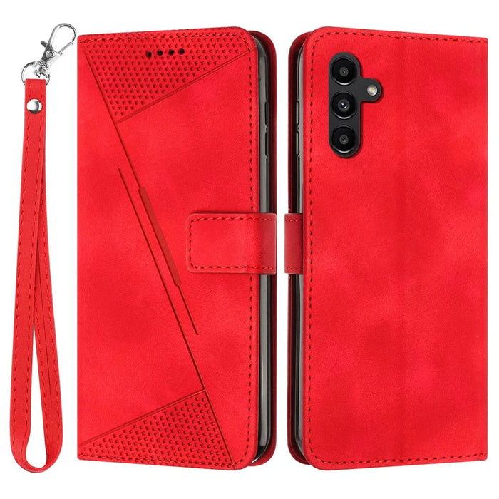 For Samsung Galaxy A54 5G Leather Wallet Folding Stand Phone Cover Triangle Imprinted Shell with Strap - Red - 1