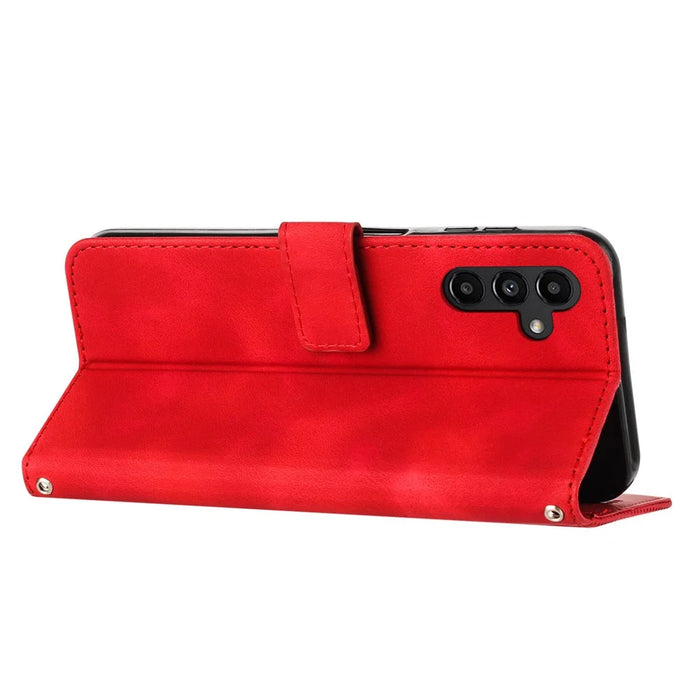 For Samsung Galaxy A54 5G Leather Wallet Folding Stand Phone Cover Triangle Imprinted Shell with Strap - Red - 3