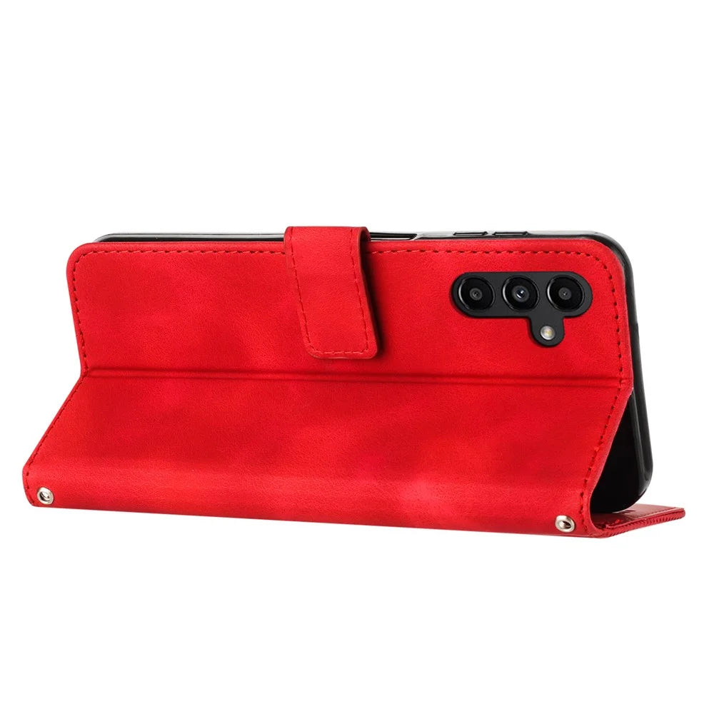 For Samsung Galaxy S23 FE Leather Wallet Stand Anti-shock Cover Triangle Imprint Mobile Case with Strap - Red - 3