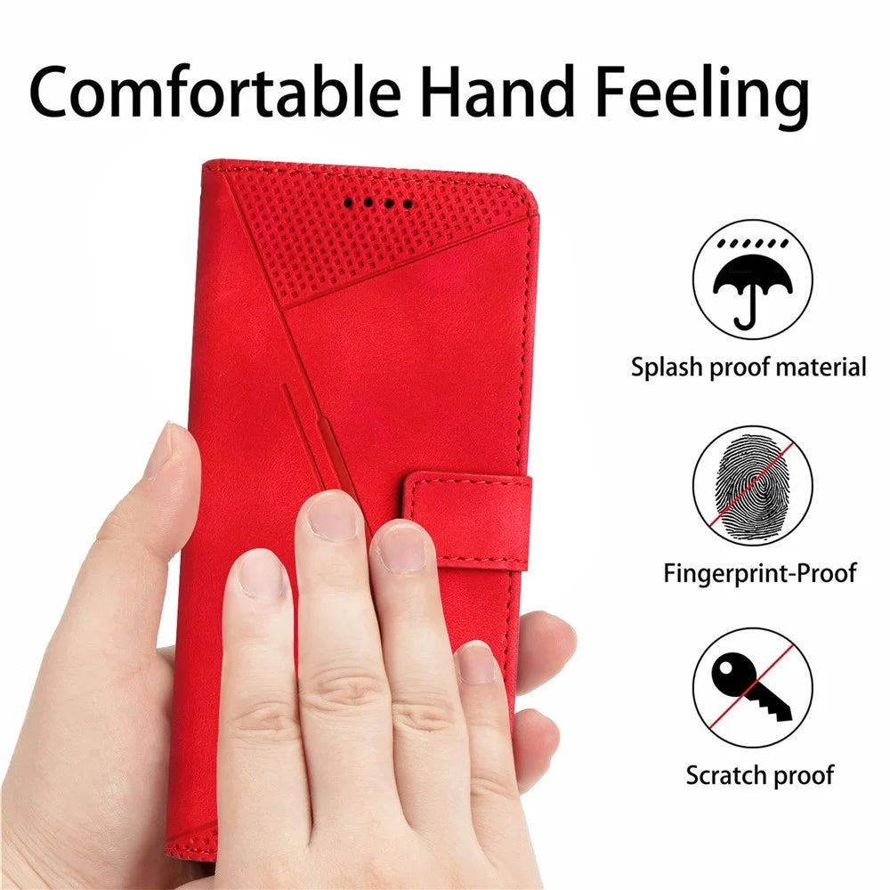 For Samsung Galaxy S23 FE Leather Wallet Stand Anti-shock Cover Triangle Imprint Mobile Case with Strap - Red - 7