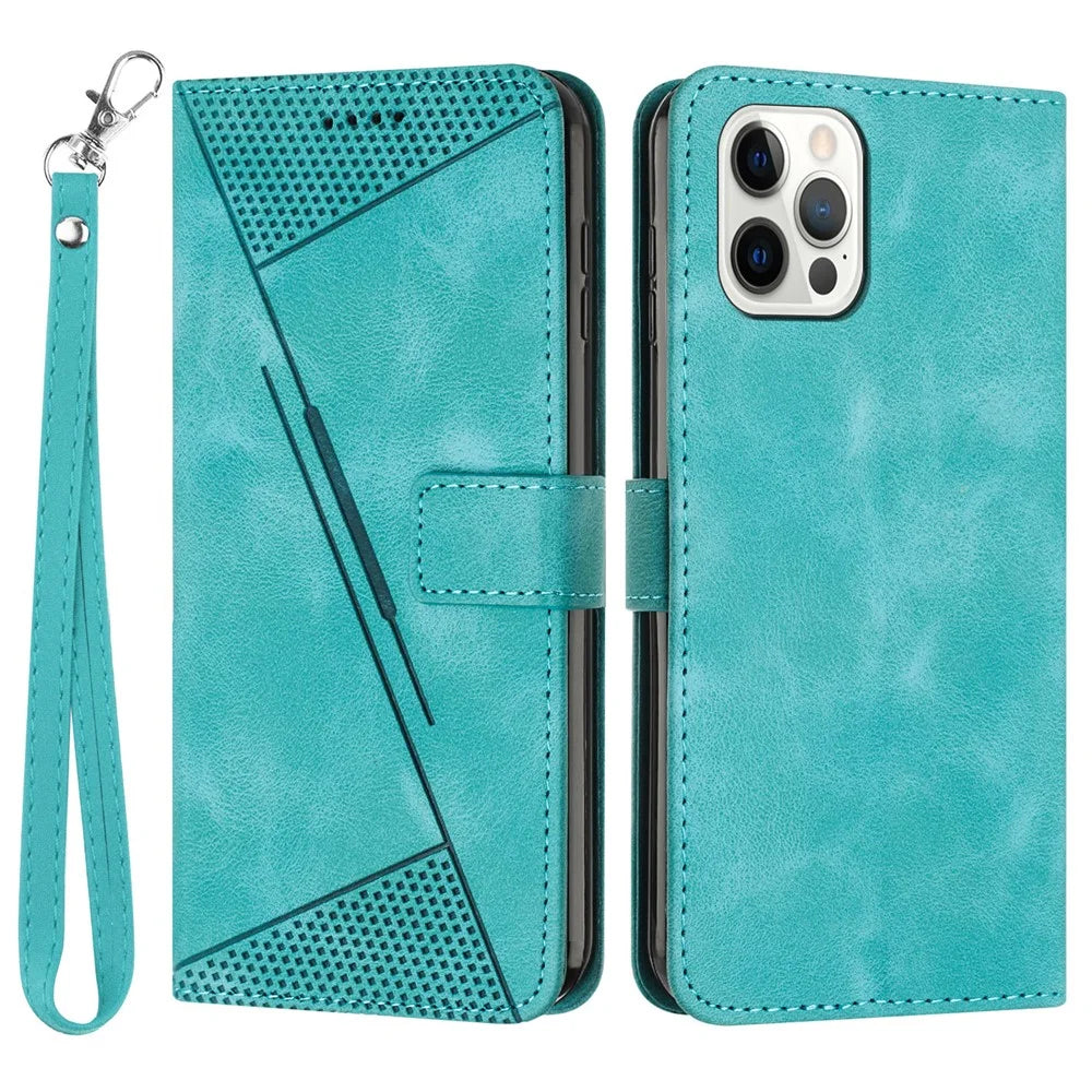 For iPhone 12 / iPhone 12 Pro 6.1 inch PU Leather Stand Phone Case Triangle Imprinted Wallet Cover with Strap - Green - 1