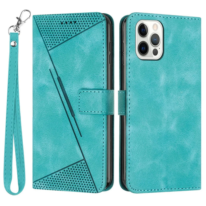 For iPhone 12 / iPhone 12 Pro 6.1 inch PU Leather Stand Phone Case Triangle Imprinted Wallet Cover with Strap - Green - 1