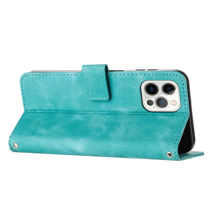 For iPhone 12 / iPhone 12 Pro 6.1 inch PU Leather Stand Phone Case Triangle Imprinted Wallet Cover with Strap - Green - 3