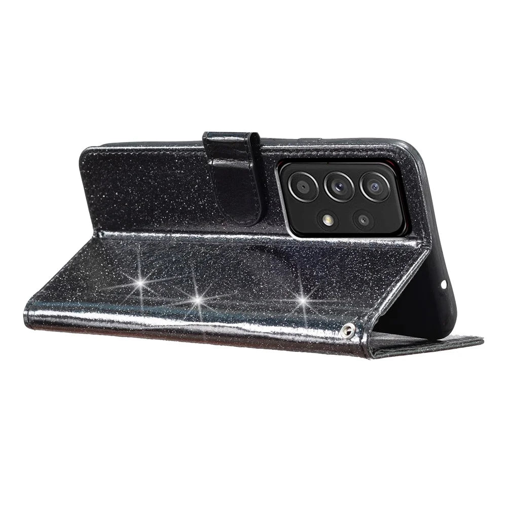 For Samsung Galaxy A23 4G / A23 5G (Global Version) Wallet Stand Glittery PU Leather Case Folio Flip Phone Cover - Black - 3
