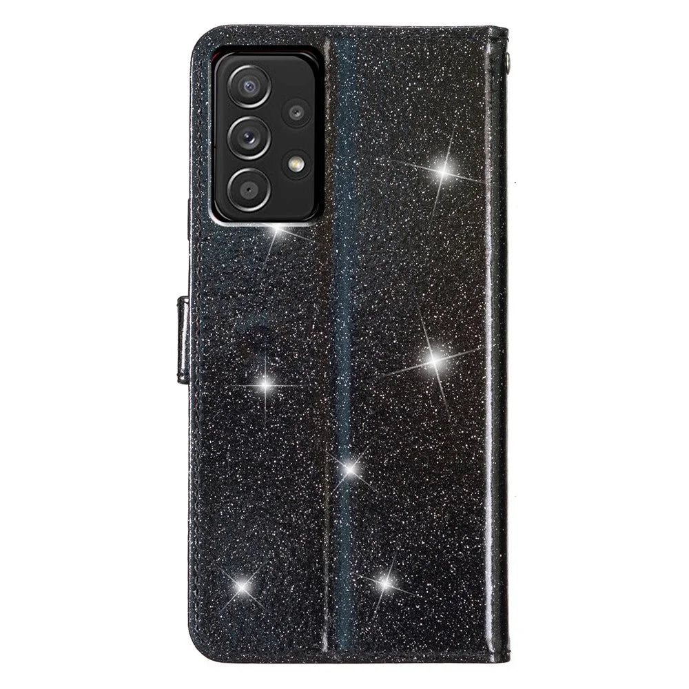 For Samsung Galaxy A23 4G / A23 5G (Global Version) Wallet Stand Glittery PU Leather Case Folio Flip Phone Cover - Black - 7