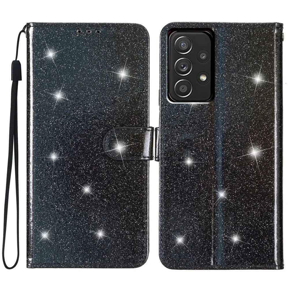 For Samsung Galaxy A53 5G Glittery PU Leather Case Folio Flip Wallet Stand Phone Cover - Black - 1