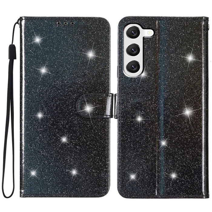 For Samsung Galaxy S23 Full Protection Glittery PU Leather Case Folio Flip Wallet Stand Phone Cover - Black - 1