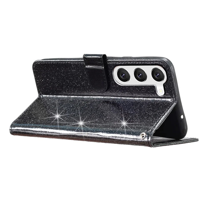 For Samsung Galaxy S23 Full Protection Glittery PU Leather Case Folio Flip Wallet Stand Phone Cover - Black - 3