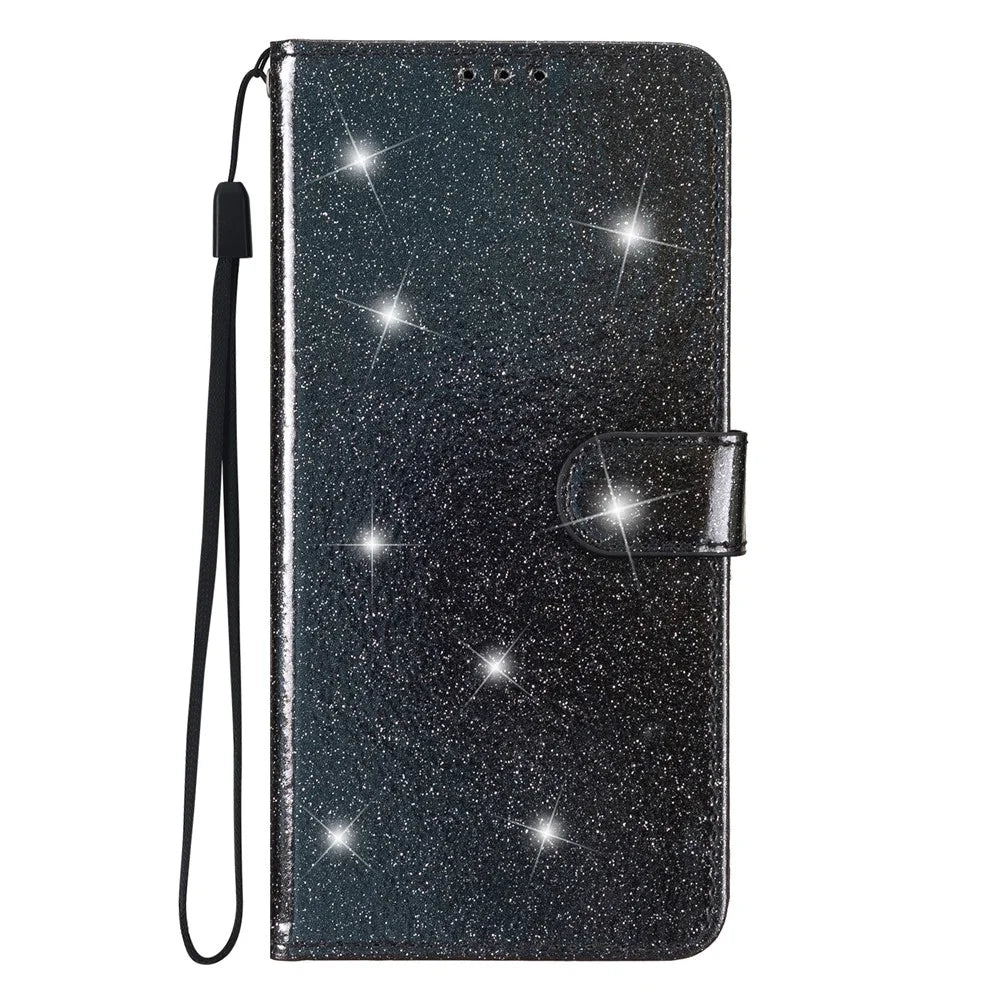 For Samsung Galaxy A34 5G Glittery PU Leather Fully Wrapped Case Folio Flip Wallet Stand Phone Cover - Black - 6