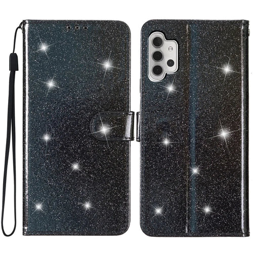 For Samsung Galaxy A32 4G (EU Version) Glittery PU Leather Fully Wrapped Case Wallet Stand Phone Cover - Black - 1