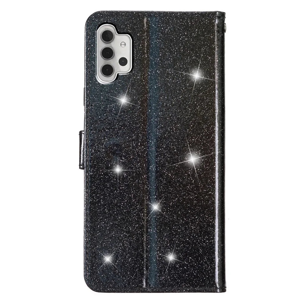 For Samsung Galaxy A32 4G (EU Version) Glittery PU Leather Fully Wrapped Case Wallet Stand Phone Cover - Black - 7