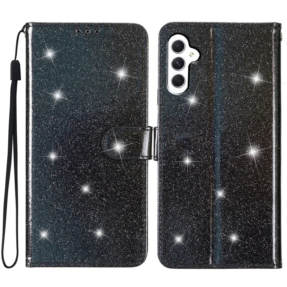 For Samsung Galaxy A54 5G Wallet Stand Glittery PU Leather Case Shockproof Phone Cover - Black - 1