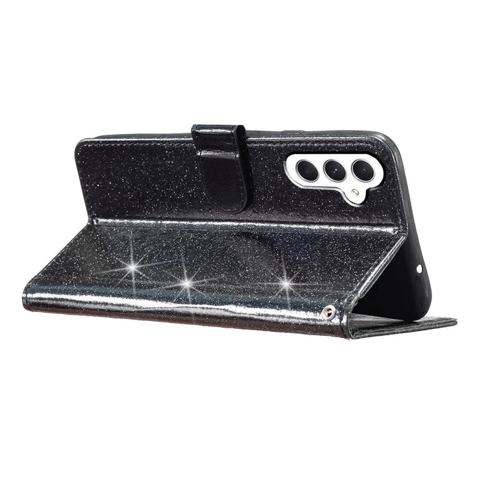 For Samsung Galaxy A54 5G Wallet Stand Glittery PU Leather Case Shockproof Phone Cover - Black - 3
