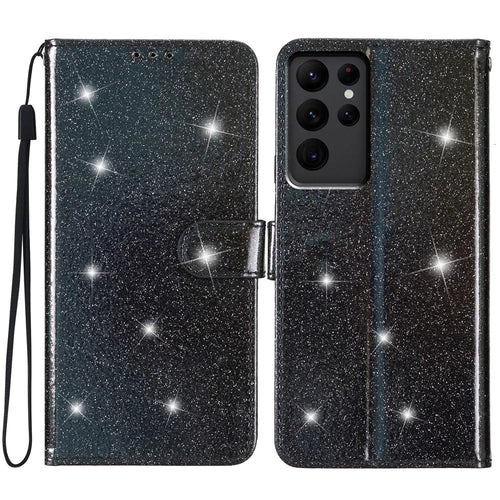 Glittery Phone Cover for Samsung Galaxy S23 Ultra , Wallet Stand PU Leather Phone Case - Black - 1