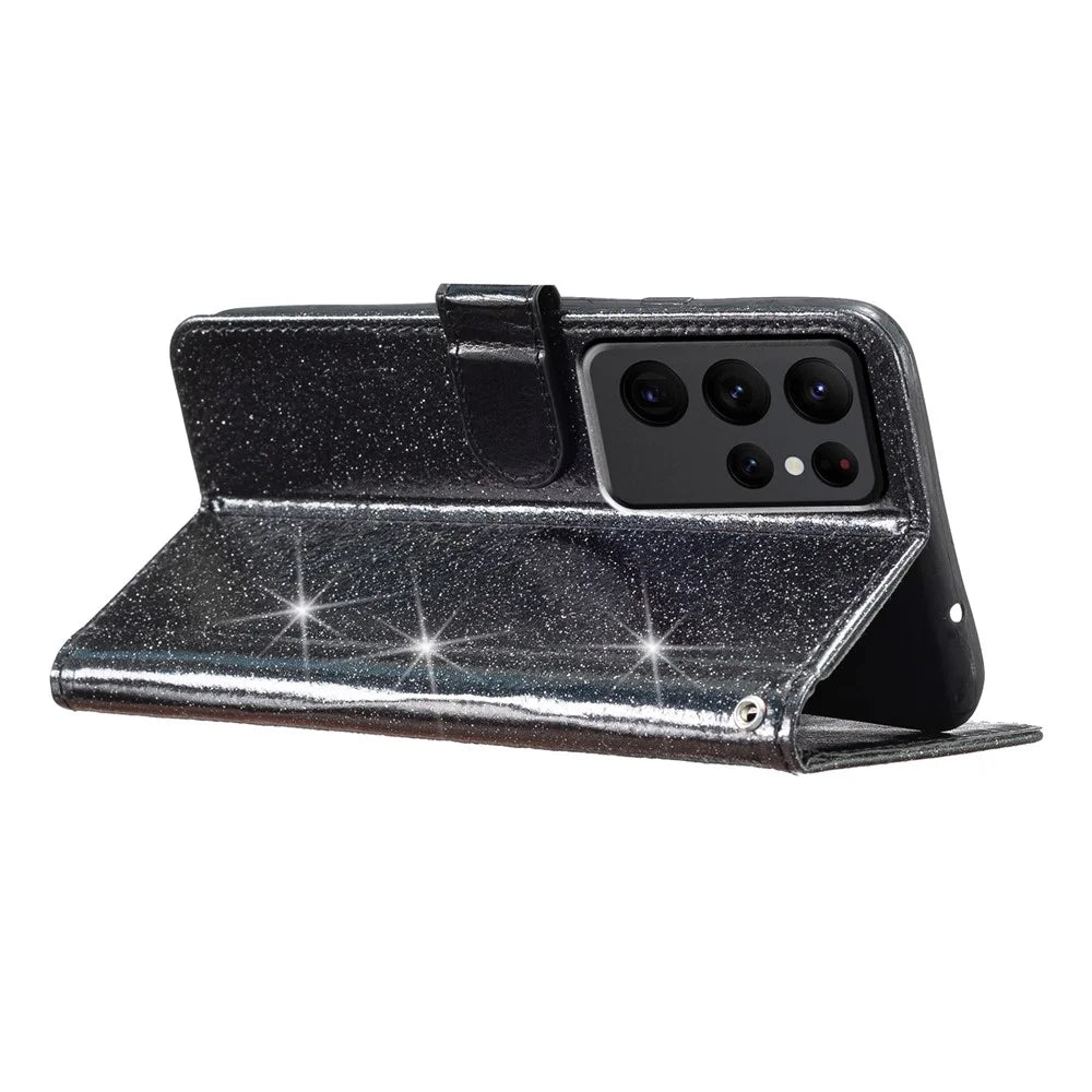 Glittery Phone Cover for Samsung Galaxy S23 Ultra , Wallet Stand PU Leather Phone Case - Black - 3