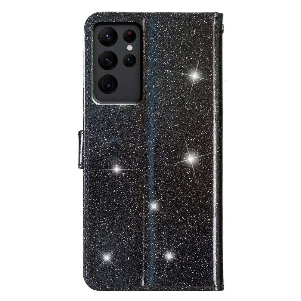 Glittery Phone Cover for Samsung Galaxy S23 Ultra , Wallet Stand PU Leather Phone Case - Black - 7