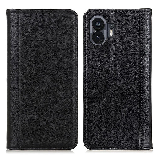 For Nothing Phone (2) Split Leather Wallet Stand Phone Case Litchi Texture Protective Cover - Black - 1
