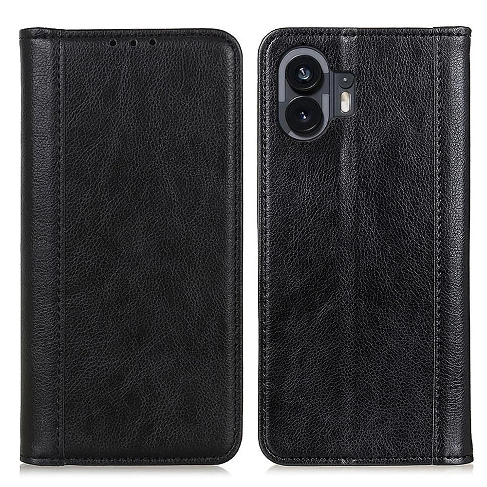 For Nothing Phone (2) Split Leather Wallet Stand Phone Case Litchi Texture Protective Cover - Black - 1