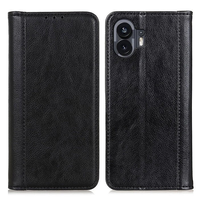 For Nothing Phone (2) Split Leather Wallet Stand Phone Case Litchi Texture Protective Cover - Black - 1