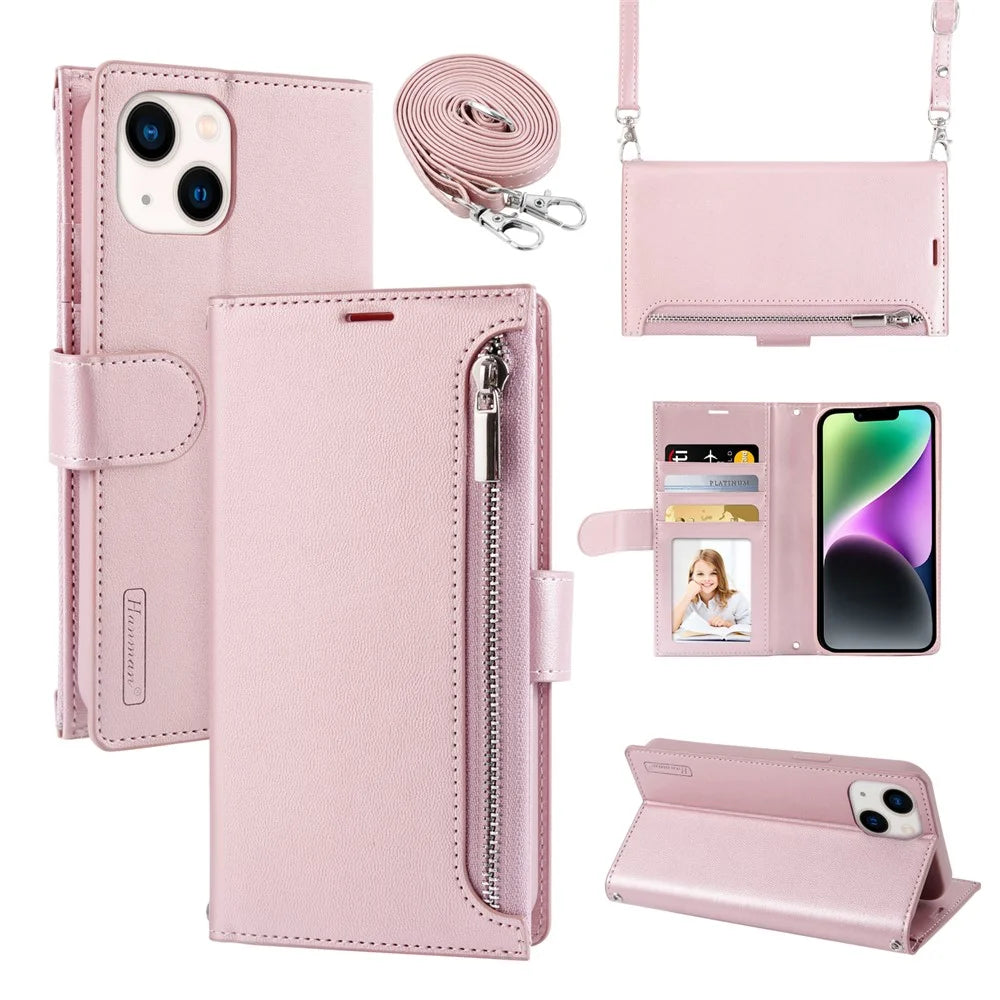 HANMAN Miki Series For iPhone 14 Plus Zipper Pocket Phone Leather Case Wallet Stand Cover with Shoulder Strap - Rose Gold - 1