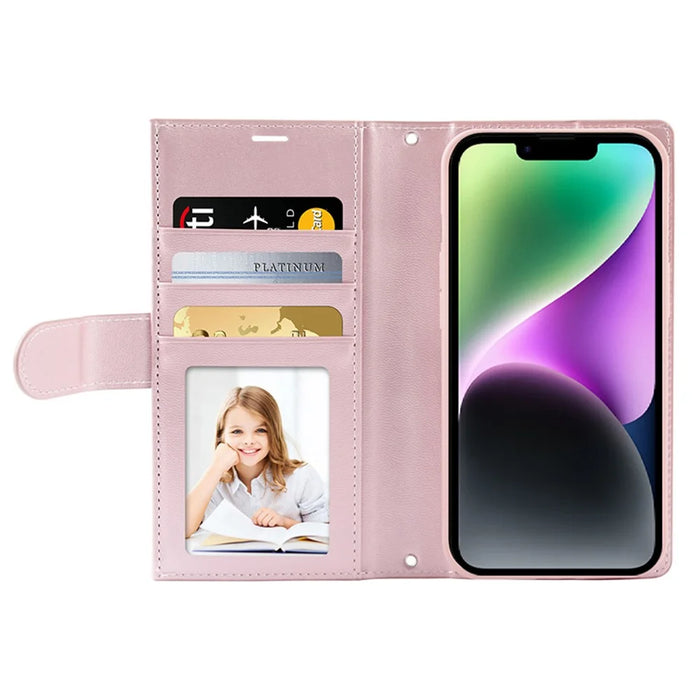 HANMAN Miki Series For iPhone 14 Plus Zipper Pocket Phone Leather Case Wallet Stand Cover with Shoulder Strap - Rose Gold - 2