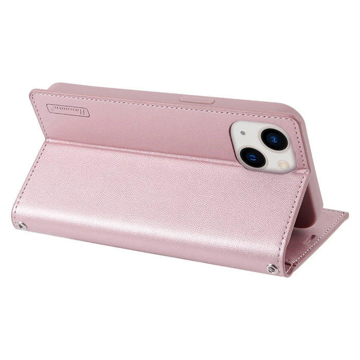 HANMAN Miki Series For iPhone 14 Plus Zipper Pocket Phone Leather Case Wallet Stand Cover with Shoulder Strap - Rose Gold - 3