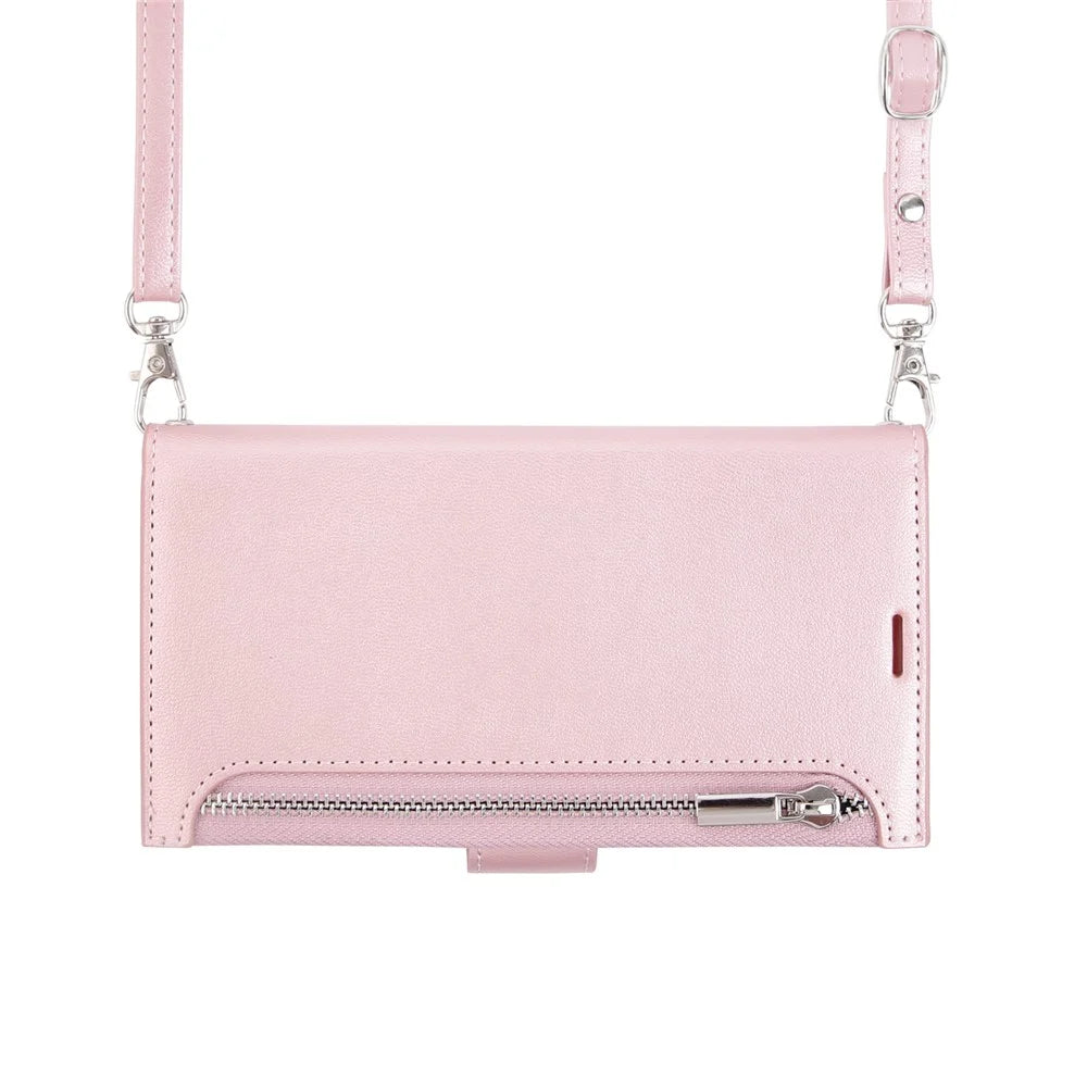 HANMAN Miki Series For iPhone 14 Plus Zipper Pocket Phone Leather Case Wallet Stand Cover with Shoulder Strap - Rose Gold - 4