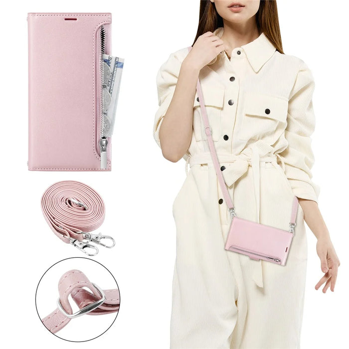 HANMAN Miki Series For iPhone 14 Plus Zipper Pocket Phone Leather Case Wallet Stand Cover with Shoulder Strap - Rose Gold - 6