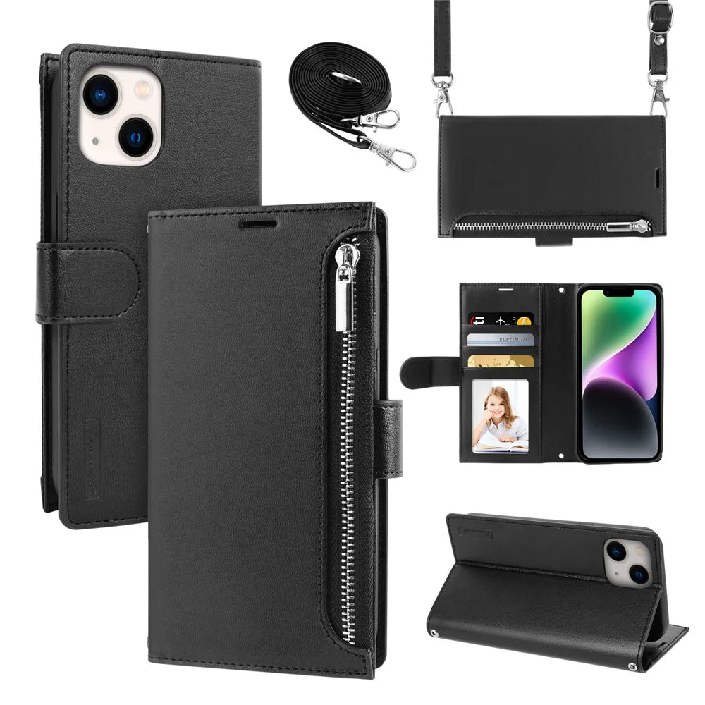 HANMAN Miki Series Zipper Pocket Phone Case for iPhone 14 , PU Leather Wallet Stand Cover with Shoulder Strap - Black - 1
