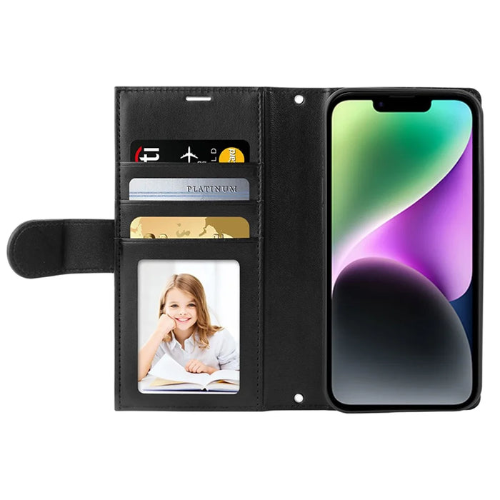 HANMAN Miki Series Zipper Pocket Phone Case for iPhone 14 , PU Leather Wallet Stand Cover with Shoulder Strap - Black - 2