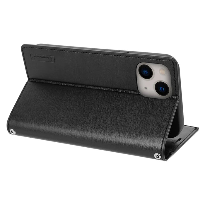HANMAN Miki Series Zipper Pocket Phone Case for iPhone 14 , PU Leather Wallet Stand Cover with Shoulder Strap - Black - 3