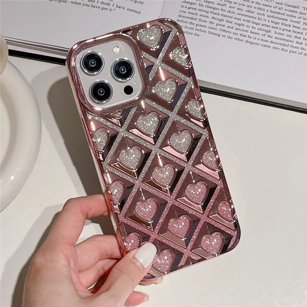 For iPhone 14 Pro Cell Phone Case TPU Shell Electroplating Rhombus Heart Phone Cover - Pink - 1