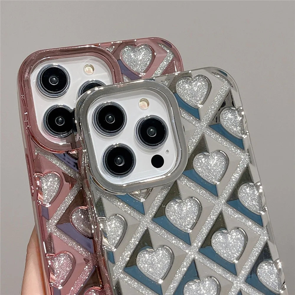 For iPhone 14 Pro Cell Phone Case TPU Shell Electroplating Rhombus Heart Phone Cover - Pink - 4