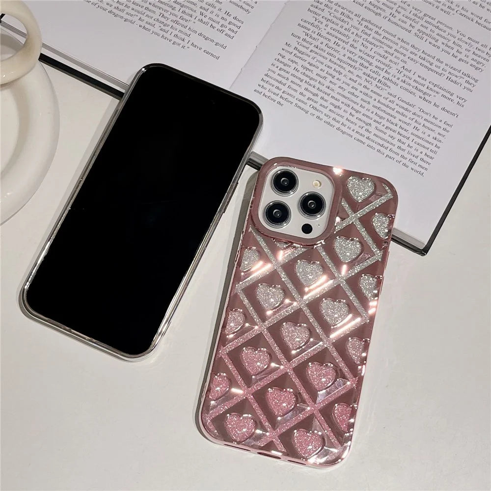 For iPhone 14 Pro Max Electroplating Rhombus Heart Phone Case TPU Cell Phone Cover - Pink - 2