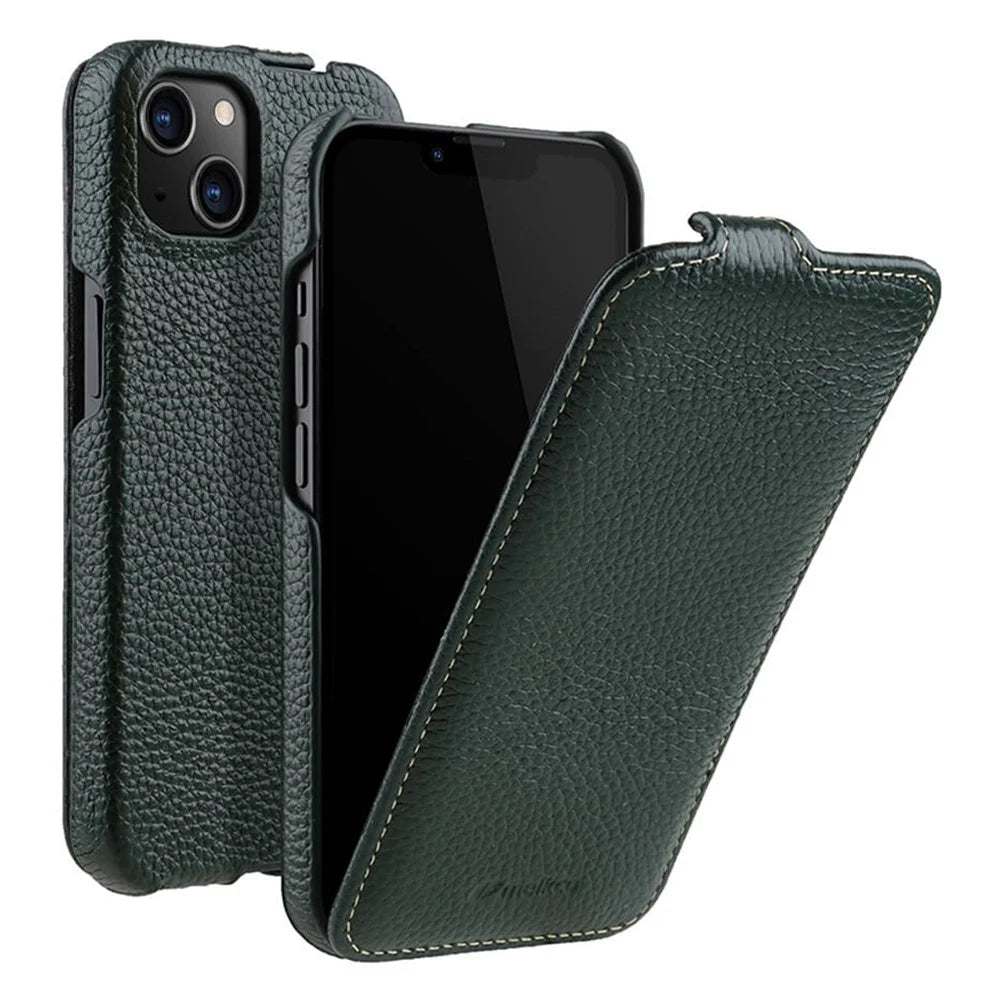 MELKCO For iPhone 13 Vertical Flip Phone Case Litchi Texture Genuine Cow Leather+PC Protective Shell Cover - Dark Green - 1
