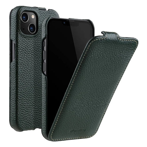 MELKCO For iPhone 13 Vertical Flip Phone Case Litchi Texture Genuine Cow Leather+PC Protective Shell Cover - Dark Green - 1