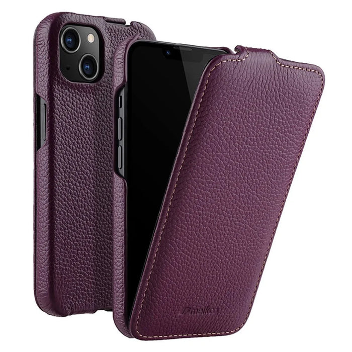 MELKCO For iPhone 13 mini Genuine Cow Leather+PC Phone Case Vertical Flip Litchi Texture Protective Cover - Purple - 1