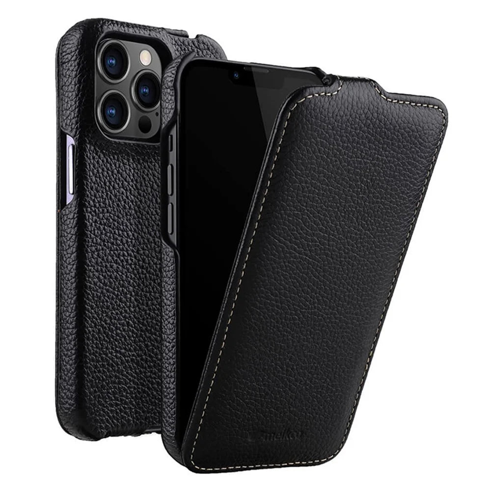 MELKCO For iPhone 13 Pro Litchi Texture Phone Case Genuine Cow Leather+PC Vertical Flip Back Cover - Black - 1