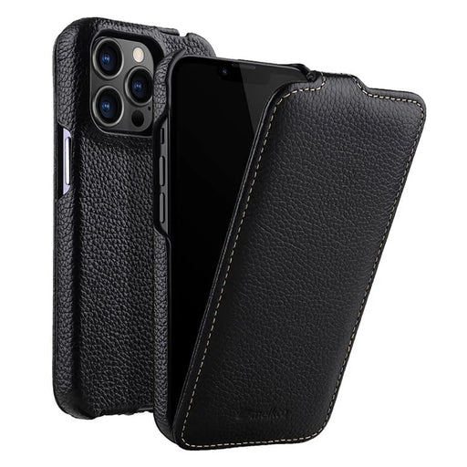 MELKCO For iPhone 13 Pro Litchi Texture Phone Case Genuine Cow Leather+PC Vertical Flip Back Cover - Black - 1