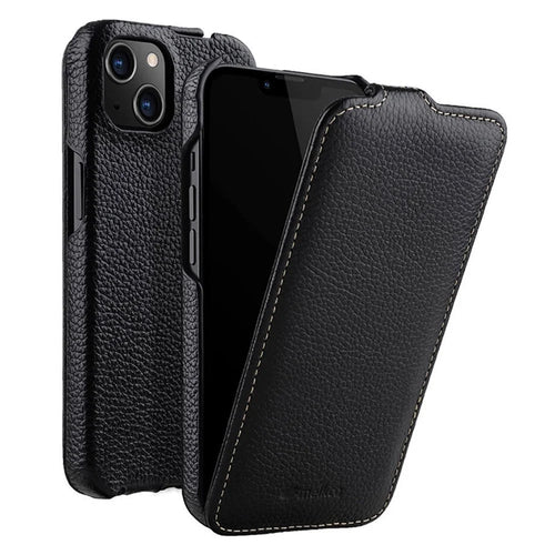 MELKCO For iPhone 14 Genuine Cow Leather+PC Shell Vertical Flip Litchi Texture Protection Phone Cover - Black - 1