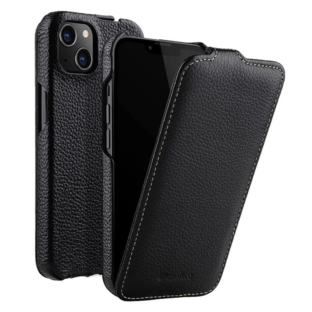 MELKCO For iPhone 14 Genuine Cow Leather+PC Shell Vertical Flip Litchi Texture Protection Phone Cover - Black - 1