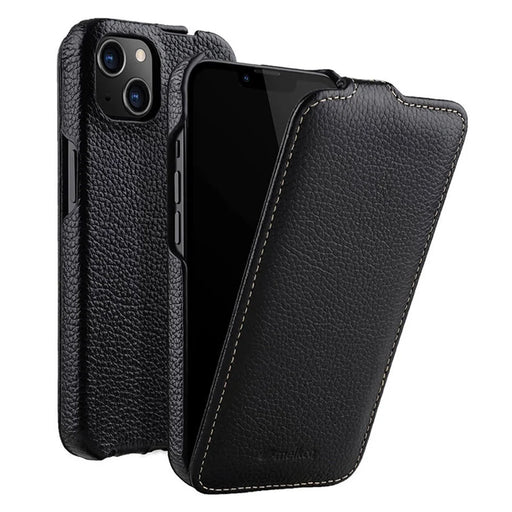 MELKCO For iPhone 14 Genuine Cow Leather+PC Shell Vertical Flip Litchi Texture Protection Phone Cover - Black - 1