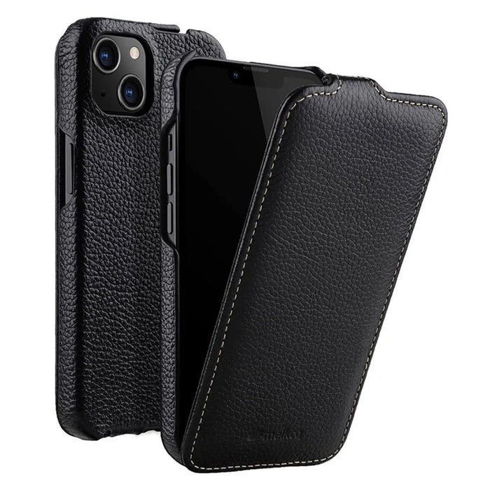 MELKCO For iPhone 14 Genuine Cow Leather+PC Shell Vertical Flip Litchi Texture Protection Phone Cover - Black - 1