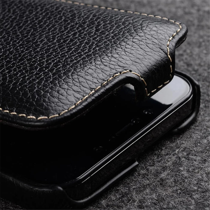 MELKCO For iPhone 14 Genuine Cow Leather+PC Shell Vertical Flip Litchi Texture Protection Phone Cover - Black - 4