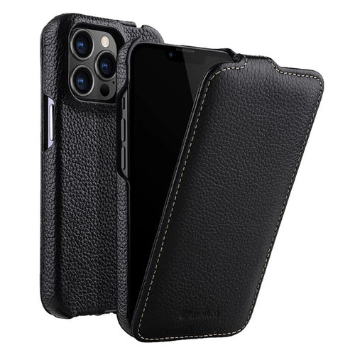 MELKCO For iPhone 14 Pro Litchi Texture Phone Case Genuine Cow Leather+PC Vertical Flip Cover - Black - 1