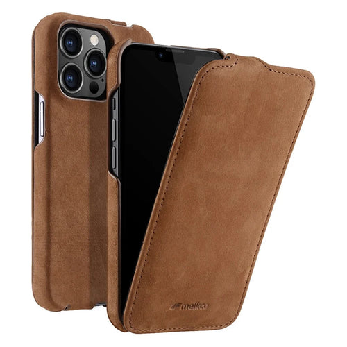MELKCO For iPhone 12 / 12 Pro Vertical Flip Phone Case Genuine Cow Leather+PC Matte Cover - Coffee - 1
