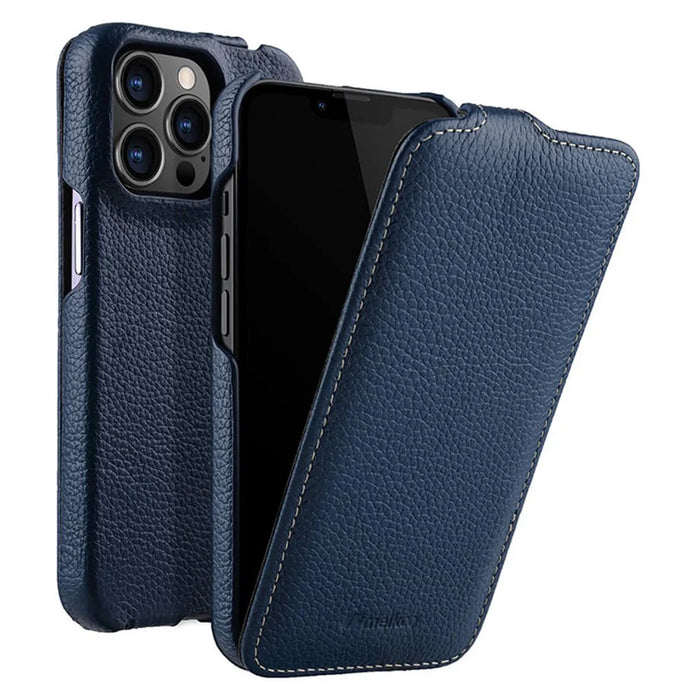 MELKCO For iPhone 13 Pro Max Phone Protective Shell Litchi Texture Genuine Cow Leather+PC Vertical Flip Case - Dark Blue - 1