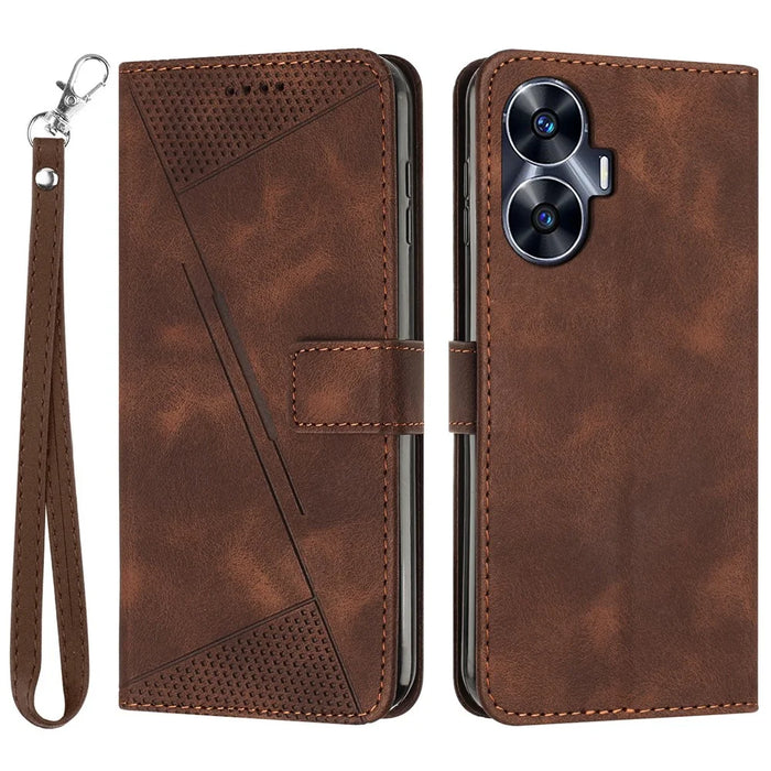 Wallet Cover for Realme C55 , Horizontal Stand Triangle Imprinted Leather Phone Case with Strap - Brown - 1